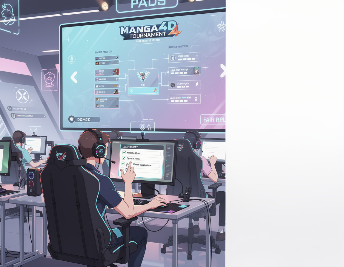 Ilustrasi panduan anti-cheat peserta sebelum match untuk turnamen game online manga4d dengan bracket dan room match